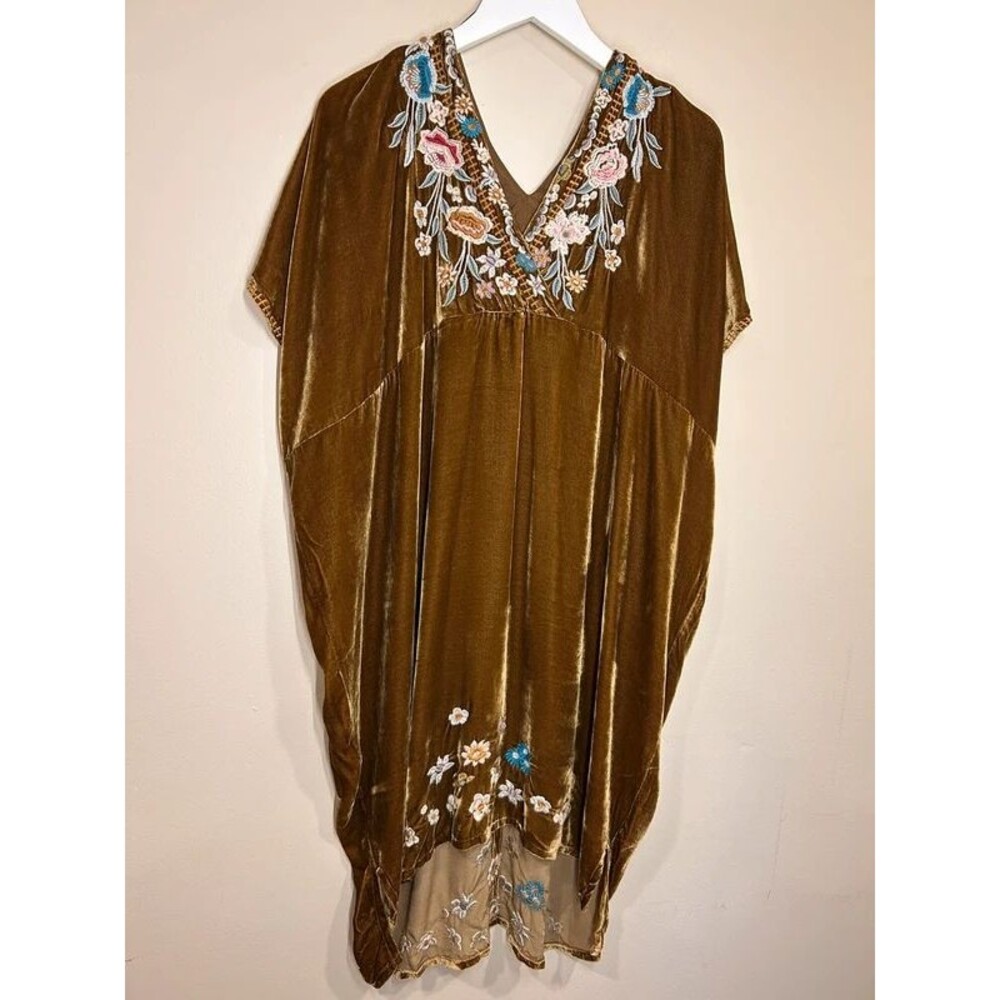 Johnny Was Women's SM Serafina Velvet Bronze Embroidered Kaftan Silk Dress Tunic
